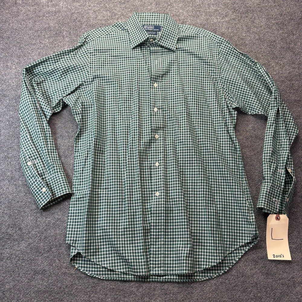Polo Ralph Lauren Curham Sport Shirt Mens L Green White Gingham Check Vintage